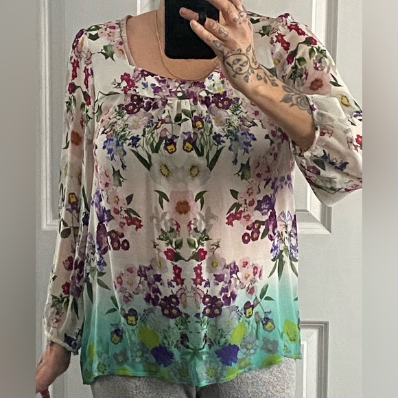 Anthropologie Vanessa Virginia 100% silk floral ombre blouse top tunic Sz 10 - Picture 11 of 11